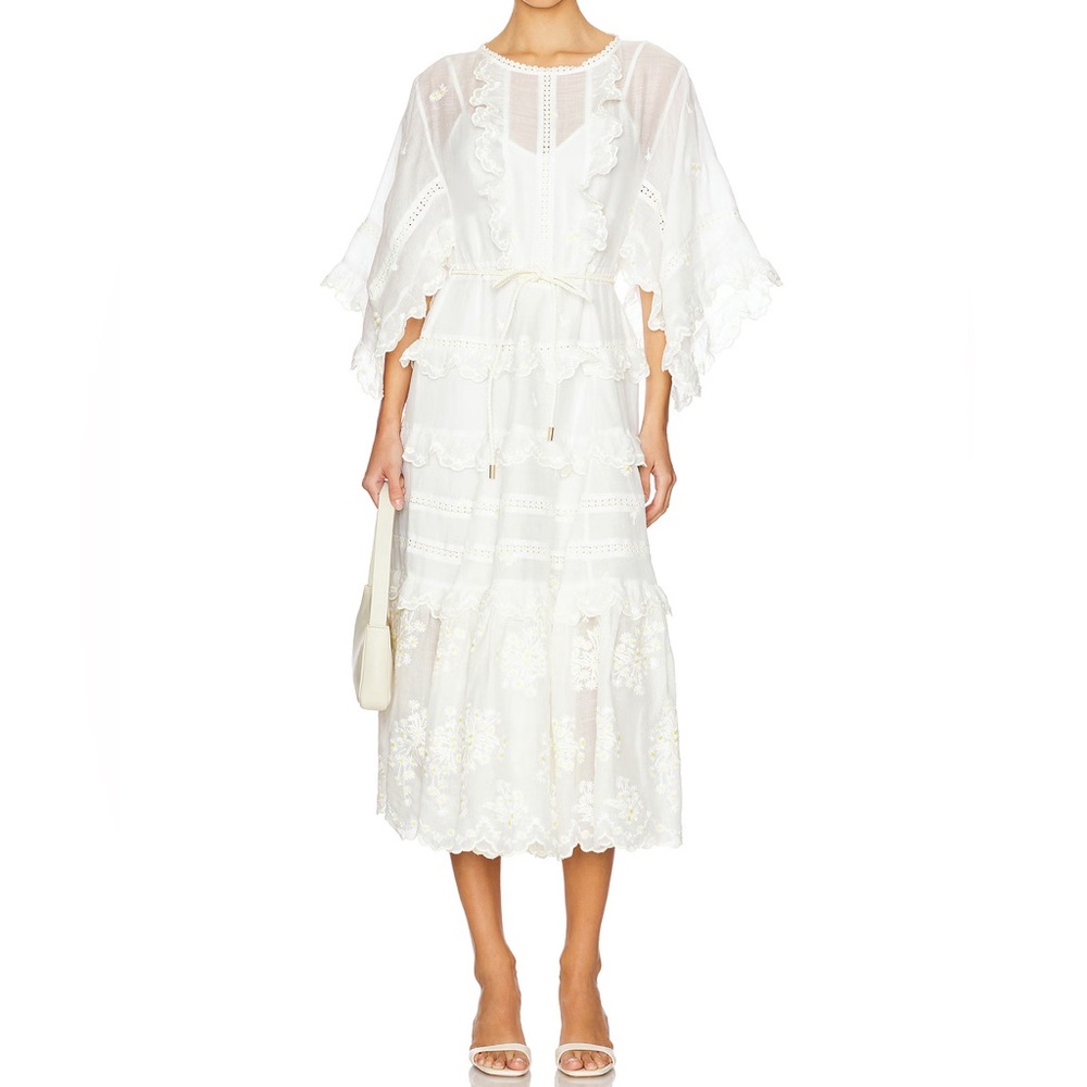 Zimmermann Acacia Tiered Embroidered Eyelet Yellow Flower Cream Midi Dress NEW - Picture 2 of 16